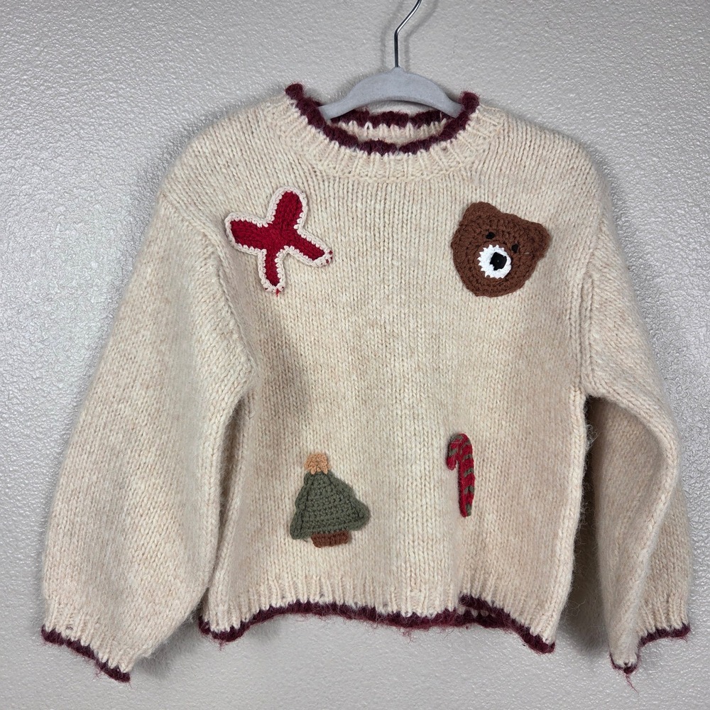 Zara Kids Cream Chunky Knit Christmas Sweater Crochet Bear Tree Candy Cane 3-4Y